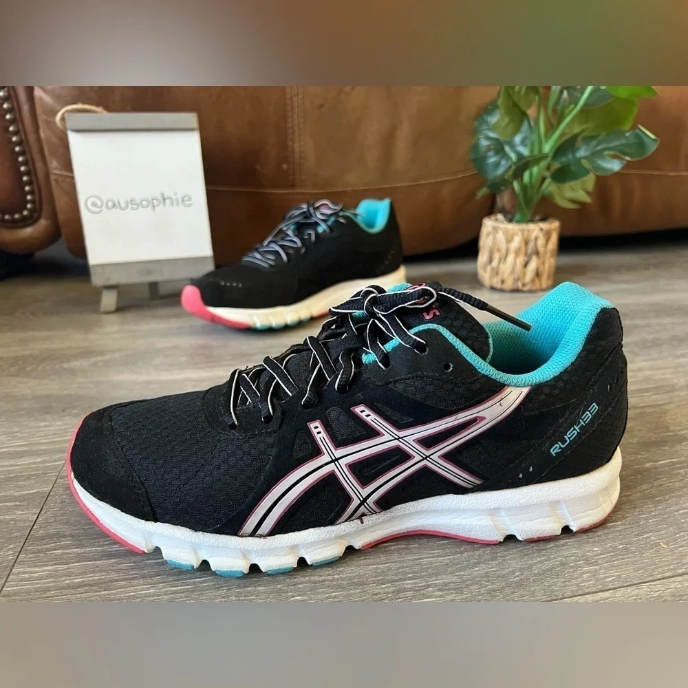 ASICS Rush 33 Ahar Black Pink & Blue Running Shoes. Size 8.5.